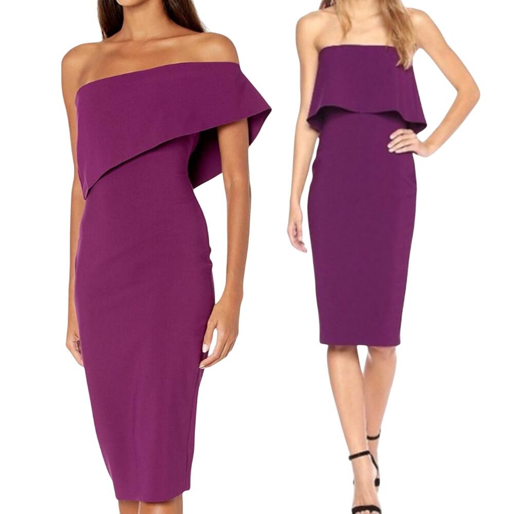 Likely Driggs Midi Sheath Dress Ruffled Strapless Pencil Fitted Purple Womens 4